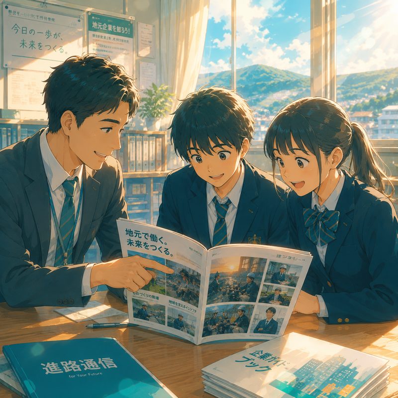 先生と一緒に企業情報誌を見る高校生