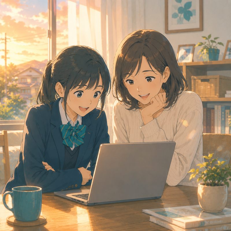 親子で会社紹介ページを見る様子
